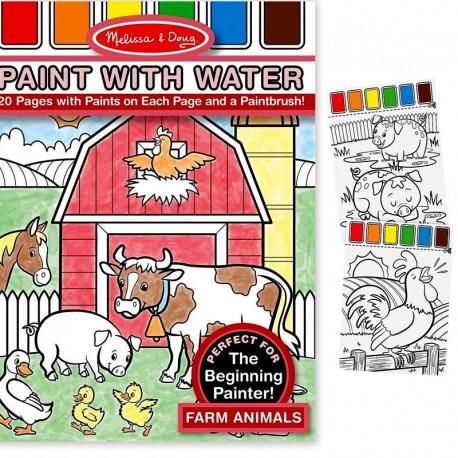 Kit peinture à l'eau sur la page + Pinceau 20 dessins La ferme  Enfants 3 ans +
