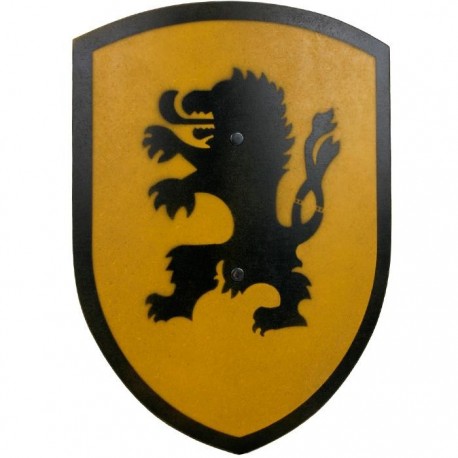 Bouclier en bois de Chevalier Lion jaune 37 cm poignée cuir
