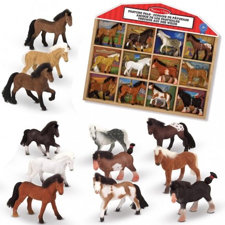 12 chevaux figurines dans présentoir en bois
