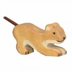 Animaux en bois petit lion jouant figurine Holztiger
